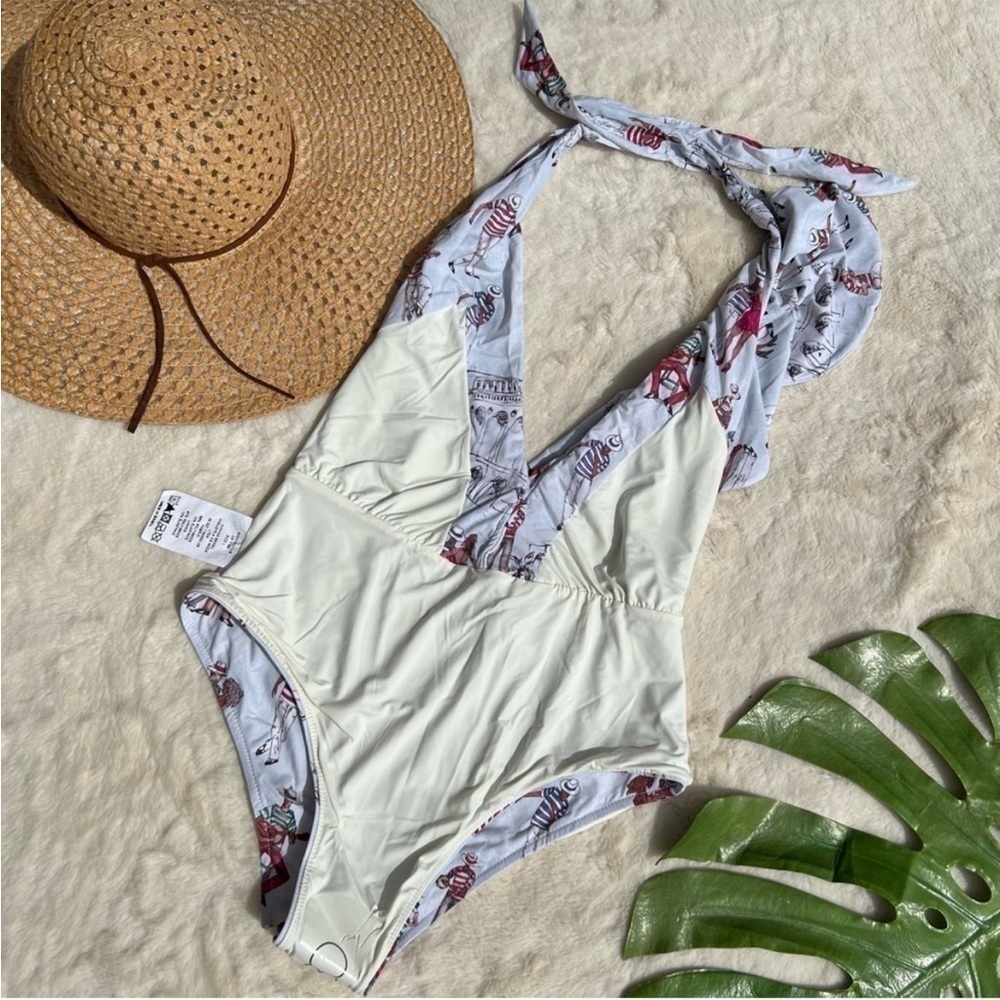 PatBO Rio Print Ruffle Deep V One Piece Swimsuit NWT Brazil Anthro Large - Picture 8 of 12